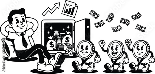 Retro cartoon reclining businessman with walking smiling coins and open safe full of cash black and white