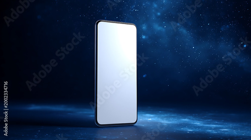 Sleek Smartphone Display Against a Cosmic Dark Blue Background with Starry Elements and Copy Space, Ideal for Technology Promotion and Digital Concepts