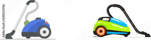 A sleek modern vacuum cleaner in vibrant blue and green hues stands ready on a pristine white surface, embodying minimalist design with clean lines and sharp edges