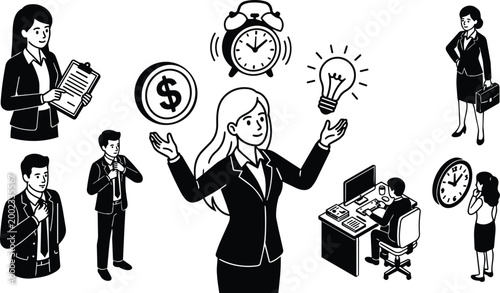 Vector art businesswoman juggling money clock and idea icons surrounded by office figures