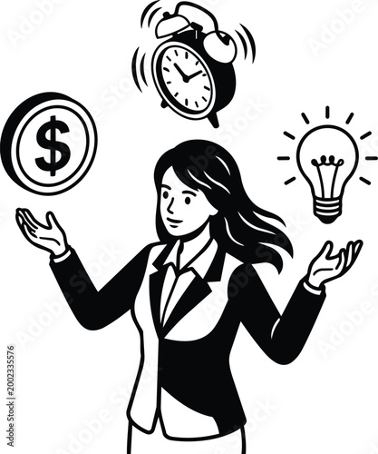 Black and white line art businesswoman juggling coin clock and light bulb symbols portrait idea finance time management concept