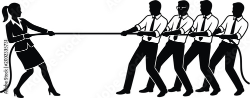 Black and white businesswoman tug of war against four businessmen in suits vector illustration