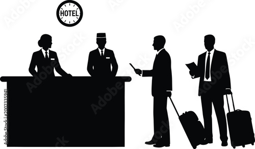 Hotel staff and guests silhouette check in and service at a modern hotel reception
