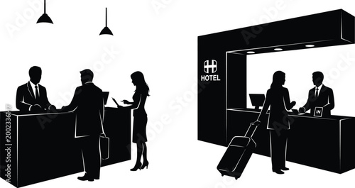 Hotel lobby silhouette guests checking in and staff assisting at reception desk