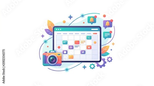 Digital content scheduling concept with calendar, camera, and notification icons