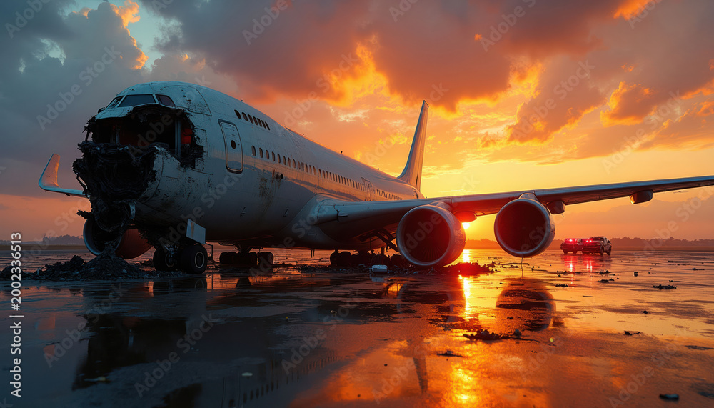 Fototapeta premium Damaged airplane rests on wet ground at sunset. Emergency vehicles with flashing lights nearby. Aircraft shows extensive damage to front section, engines. Sky glows with fiery orange, yellow clouds.