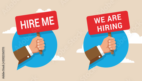 Set of two hands holding red hire me and we are hiring signs on blue circular background