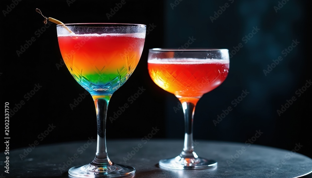 Fototapeta premium Two colorful layered cocktails with red, orange, yellow, green, and blue hues sit on dark table. One glass has garnish. Beautiful drinks ready for festive celebration or summer party.