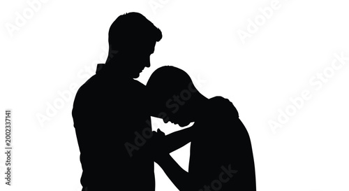 Silhouette of a man comforting a woman with his hand on her shoulder and back