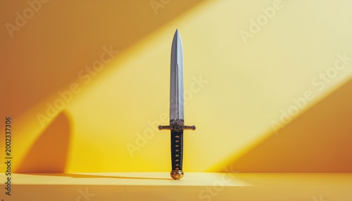 Sharp Medieval Sword Displayed Against a Radiant Yellow Backdrop, Illuminated