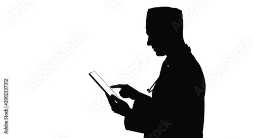 Silhouette of a person using a tablet device in a simple vector graphic illustration style