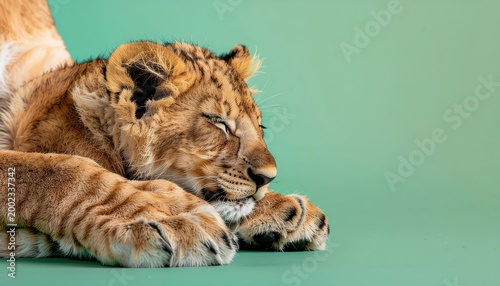 Peaceful slumber: Close-up portrait of a sleepy lion cub against serene backdrop