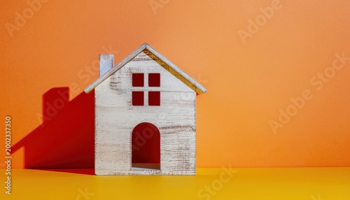 Stylized miniature house casting stark shadow against an orange backdrop, conveying concepts of home and real estate
