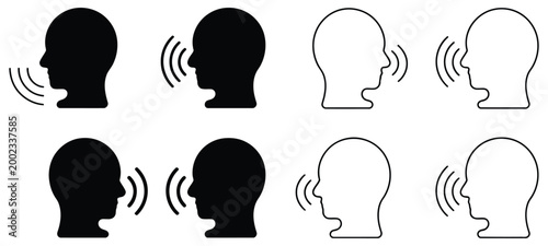 Communication icons collection, people talking speaking and listening symbols representing dialogue interaction conversation exchange and effective communication