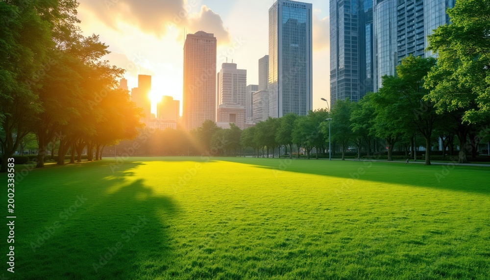 Obraz premium Wide green lawn in city park. Tall skyscrapers rise behind trees. Warm sunrise sun illuminates the grass creating long shadows. Peaceful urban nature scene.