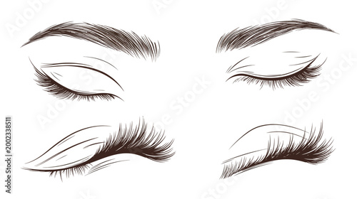 Digitally created illustration of various stylized closed eyes with eyebrows and long eyelashes