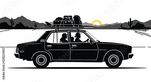 A couple on a road trip through the desert with luggage on their car roof rack