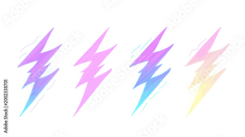 Four stylized lightning bolts with gradient colors, creating a vibrant and energetic visual effect on white