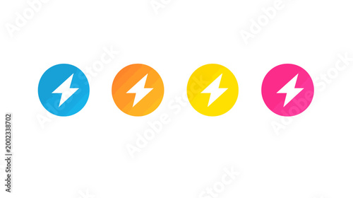Four circular icons, each with a lightning bolt, in blue, orange, yellow, and pink on a white background