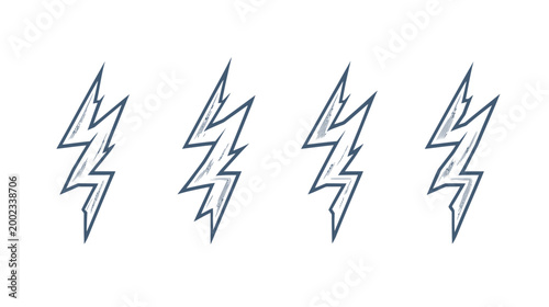 Four stylized blue lightning bolts arranged horizontally on a white background, rough ink style