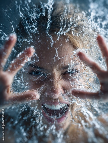 Woman pressing hands against cracked glass with intense expression conveying strong emotions of frustration and anger in a dramatic close-up scene