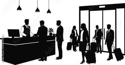 Hotel lobby silhouette guests checking in and out with reception staff assistance