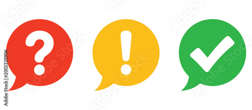 Speech bubble icon collection with question mark info check and warning symbols, exclamation notification signs for message boxes, support chat, help desk,