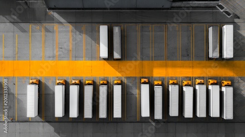 Aerial View of Delivery Trucks Aligned in Rows at Parking Lot