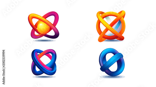 Four abstract, three-dimensional shapes with flowing, interconnected ribbon-like forms and glowing gradients