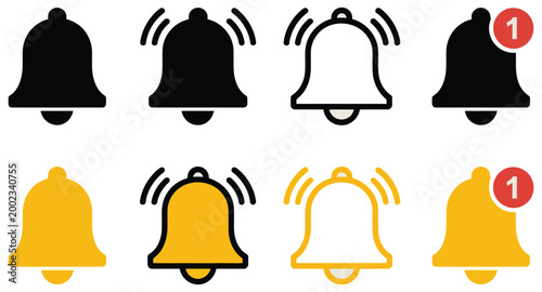 Notification bell ringing icons collection, alarm alert symbols with smartphone reminders for new messages, push notifications, warning alerts and digital communication systems