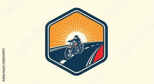 Quadro su tela Motorcycle rider on open road with rising sun vector illustration