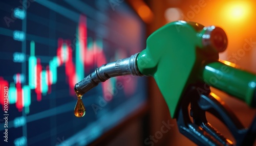 Gas pump nozzle with oil drop hangs over financial trading chart. Crude oil prices fluctuate on global market graph. Economy and energy crisis illustrated.