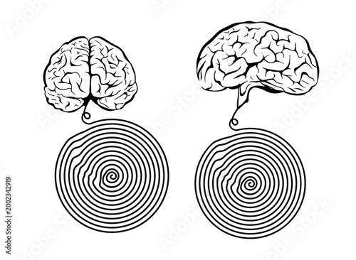 Brain line spiral. Structured thoughts. Hand drawn. Not AI, vector illustration.