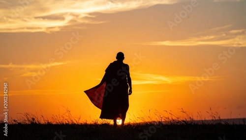 Silhouette of a Monk Walking Towards a Vibrant Sunset.