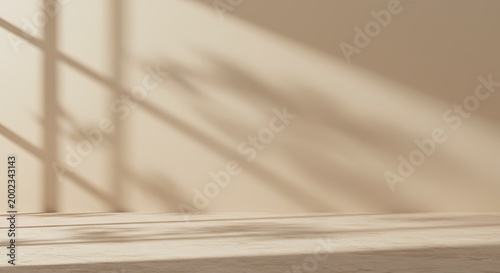 Minimalist beige wall background soft leaf shadows textured stone floor foreground product placement clean elegant aesthetic
