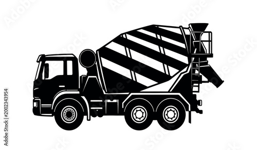 Black and white illustration of a concrete mixer truck construction vehicle