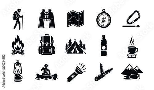 Black silhouette camping and hiking icons set for outdoor adventures