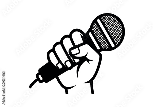 A hand firmly gripping a vintage style microphone black and white