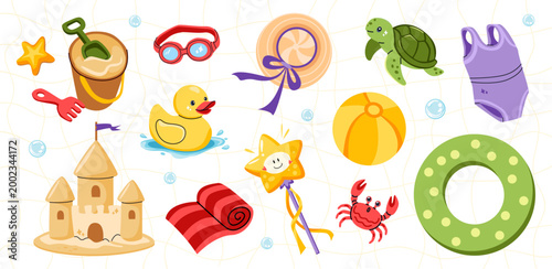 Children's beach toys and summer accessories. Sand castle, bucket, swimming ring, ball, duck, crab, turtle and swimsuit. Vector illustration of vacation and tourism elements isolated on light backgrou