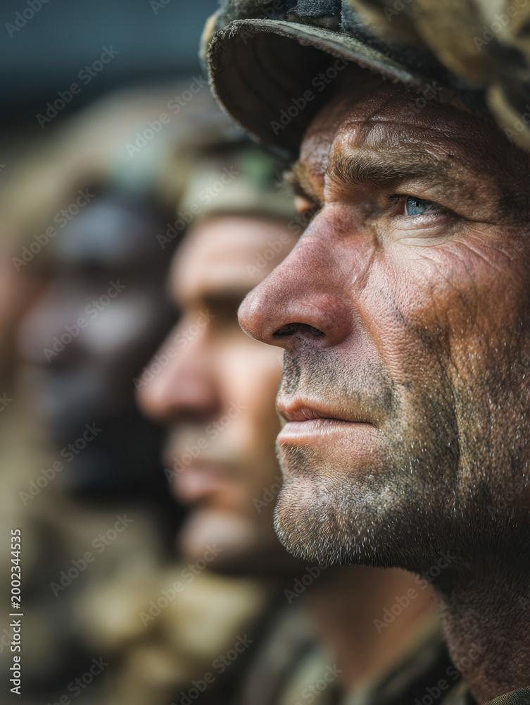 Naklejka premium Profile of determined male soldier in camouflage helmet with blurred comrades in background showcasing resilience and focus during military formation