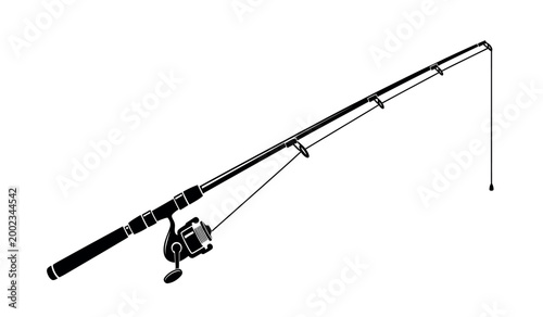 Black and white illustration of a fishing rod with reel and line