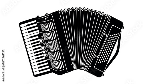 Black and white illustration of a classic button accordion musical instrument