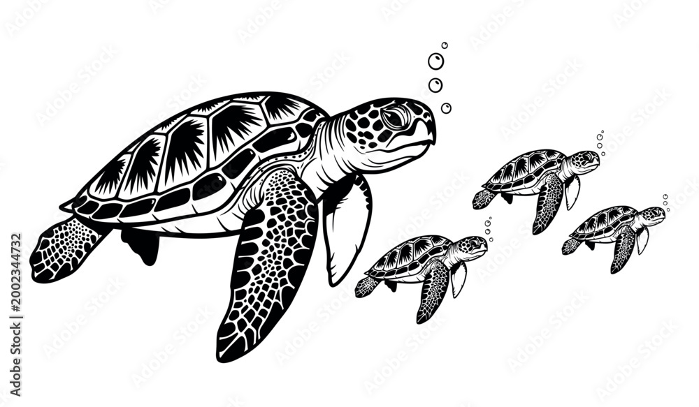 Fototapeta premium Sea turtle family mother and hatchlings swimming in the ocean depths