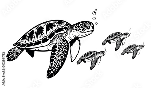 Sea turtle family mother and hatchlings swimming in the ocean depths