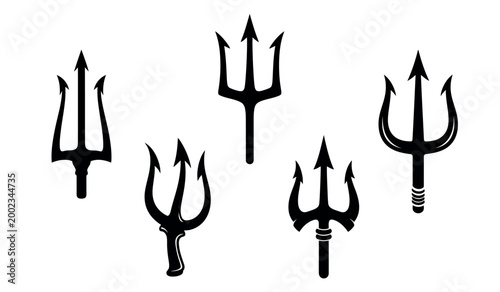 Collection of black and white trident illustrations mythological and nautical symbolism