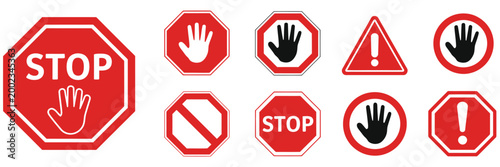 Stop sign collection, warning hand gesture icons with prohibition and danger symbols for road safety, alert notifications, traffic regulation and caution messaging