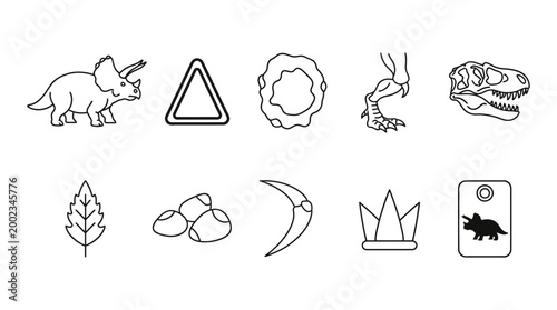 Dinosaur Themed Icon Set Featuring Triceratops Fossils And Prehistoric Nature Elements Line Art