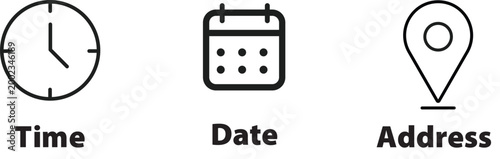 Fotografie Minimalist event information icons, black line time date and address vector set,