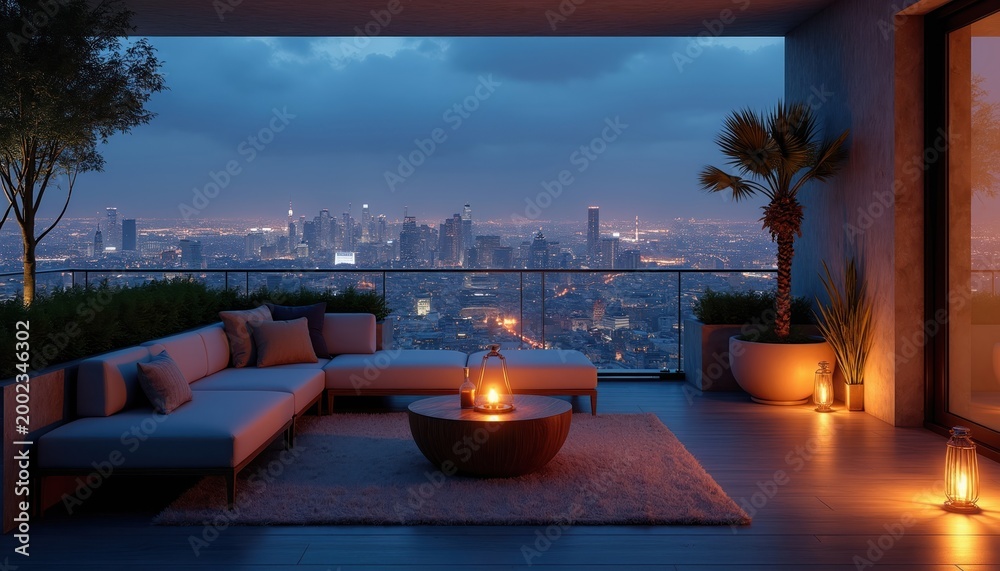 Fototapeta premium Modern balcony overlooks city skyline at dusk. Comfortable seating area with soft lighting and a palm tree creates a relaxing evening ambiance. Urban nightscape view.