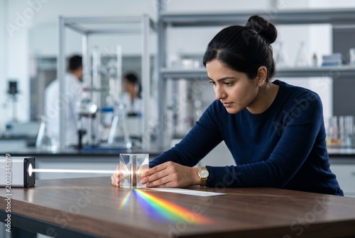 Young female scientist conducting a light dispersion experiment with a glass prism to create a rainbow spectrum in a modern laboratory